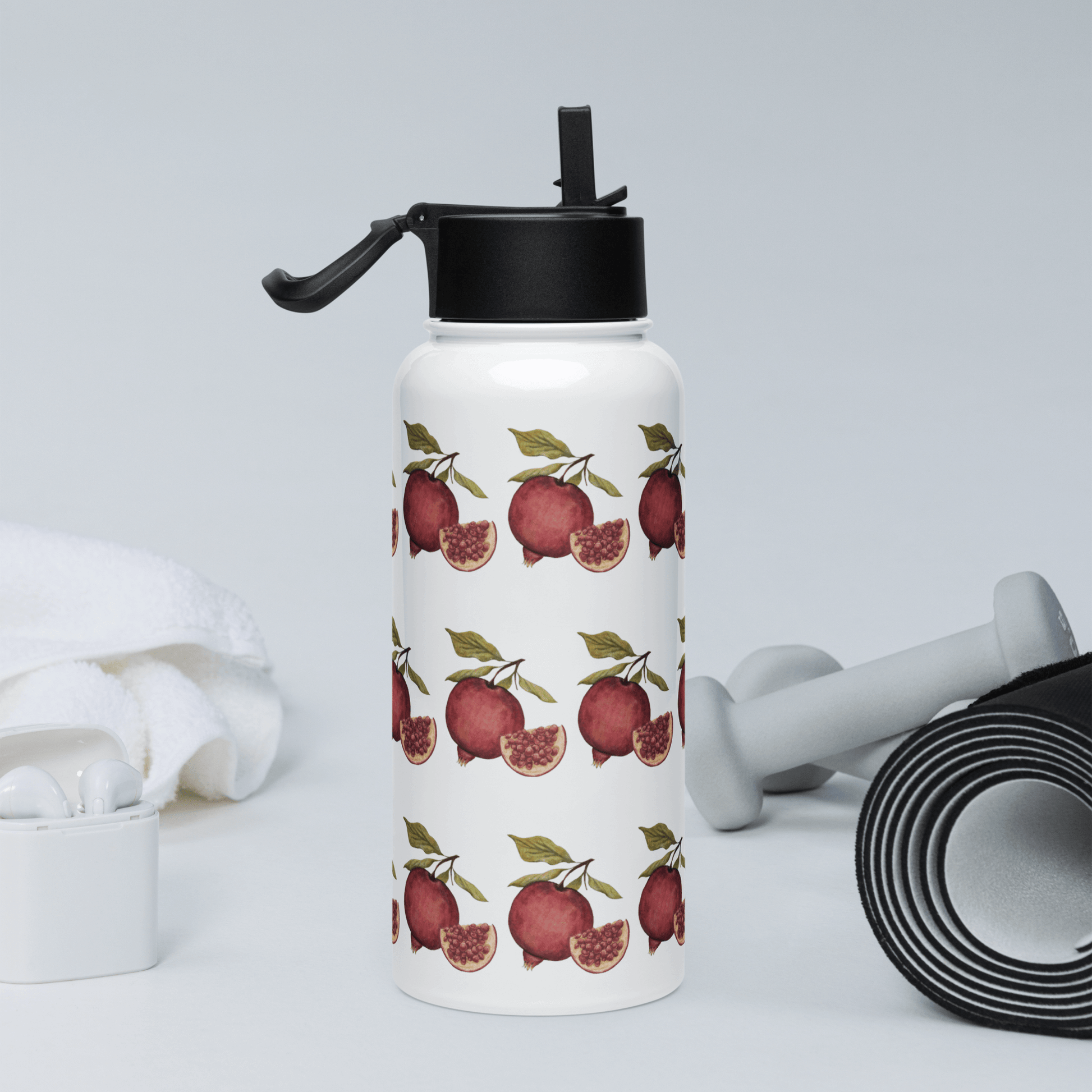 Vibrant pomegranate stainless steel water bottle with a unique design, ideal for fitness and hydration.