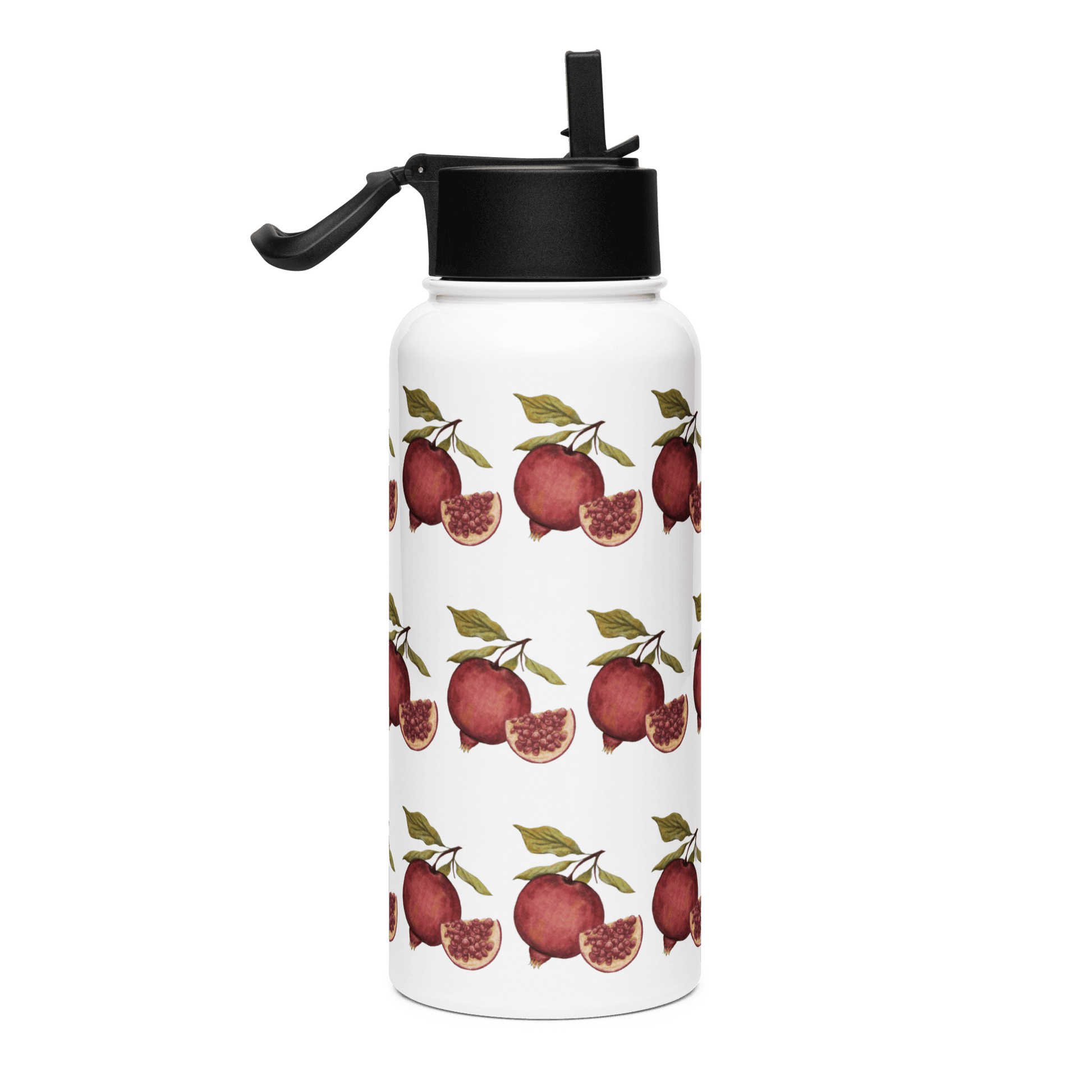 Vibrant stainless steel water bottle with pomegranate illustration, perfect as a unique gift for any occasion.