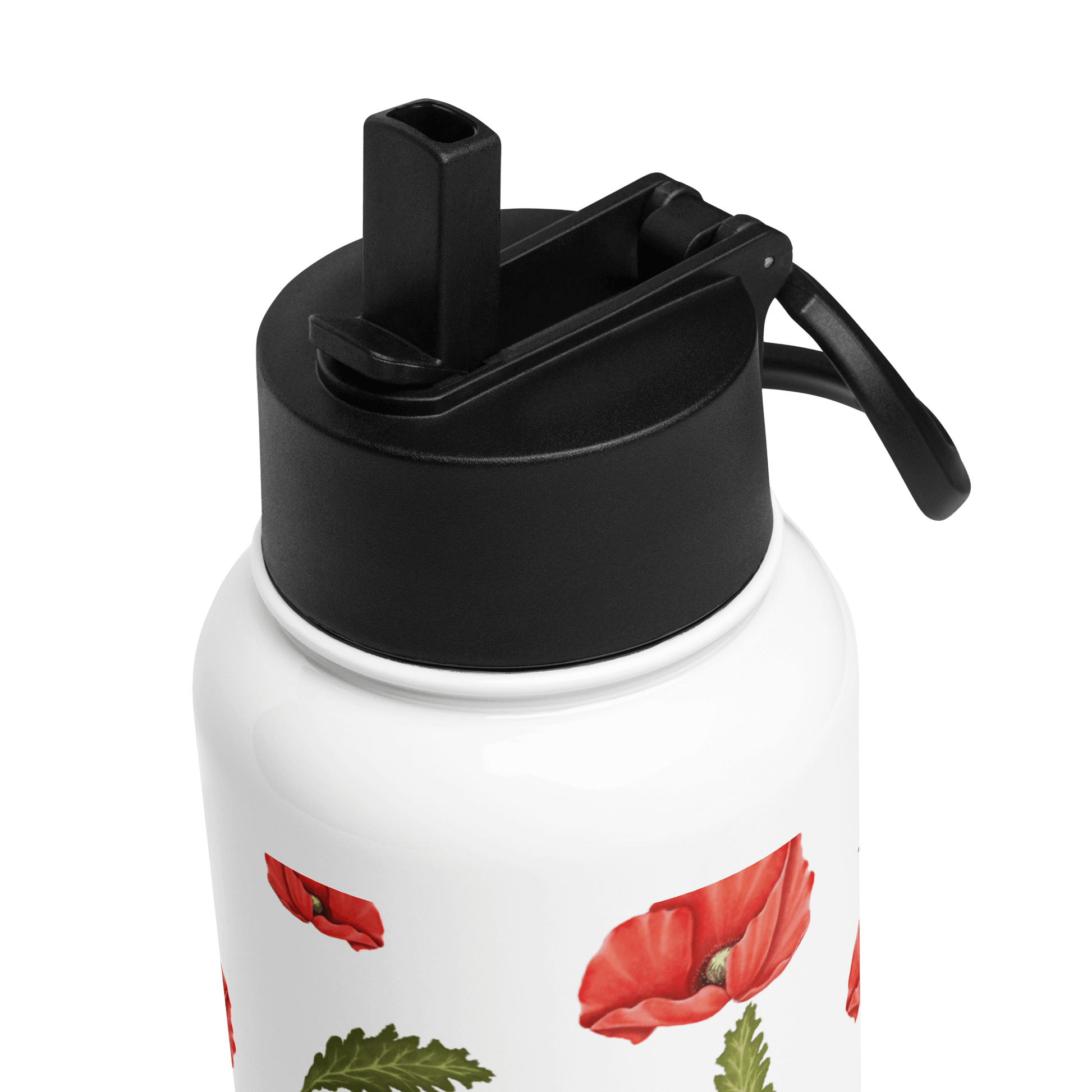 Close-up of Bold Poppy water bottle lid with vibrant floral design, ideal for gifts and hydration on the go.