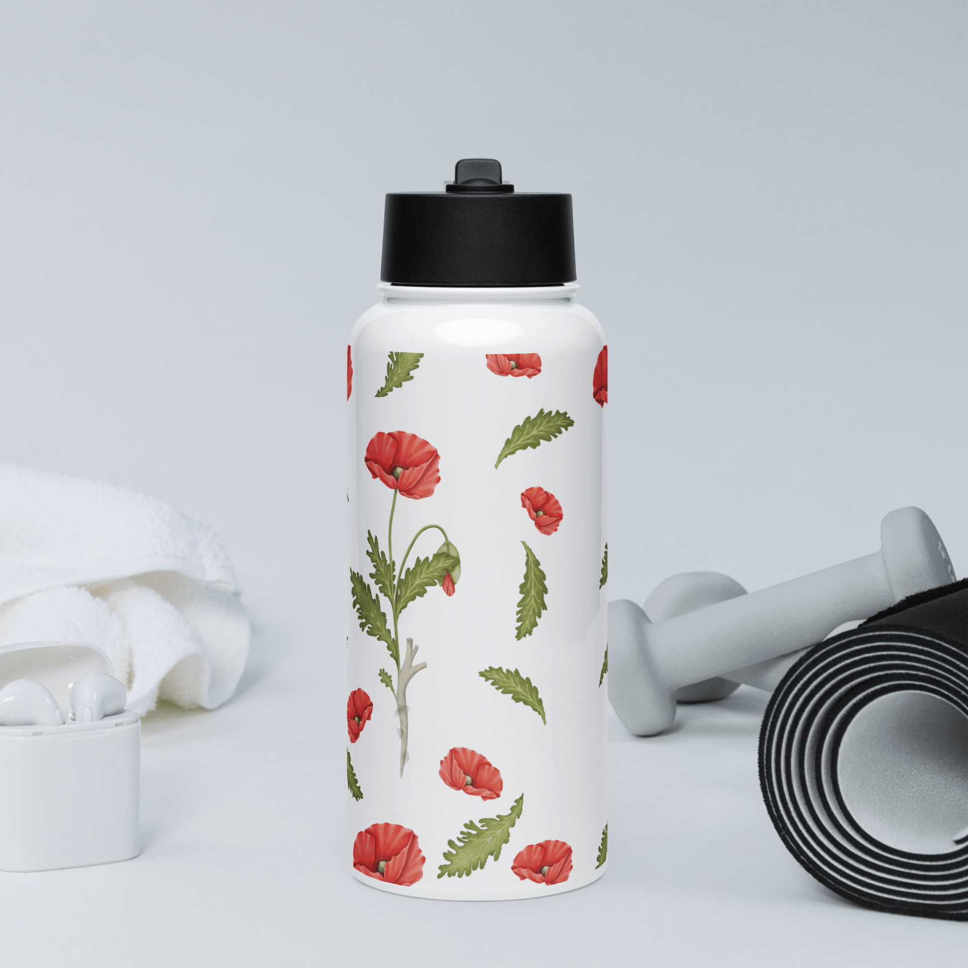 Personalized 32oz water bottle with bold poppy design, ideal for gifts, travel, and stylish hydration.