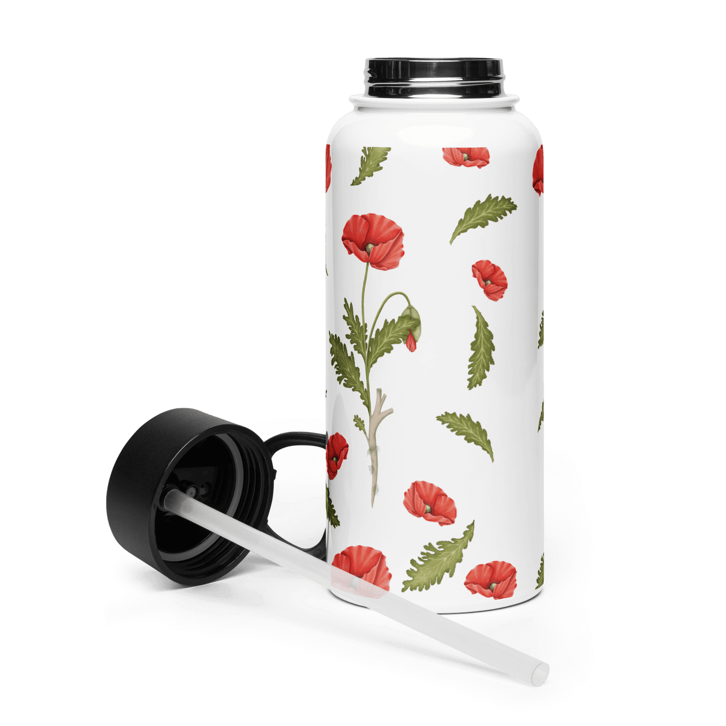 Bold Poppy design water bottle with vibrant floral pattern and straw, perfect for gifts and trendy hydration.