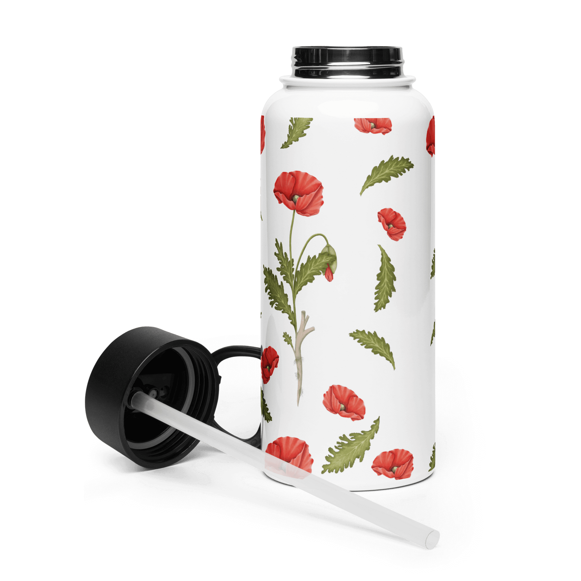 Bold Poppy design water bottle with vibrant floral pattern and straw, perfect for gifts and trendy hydration.