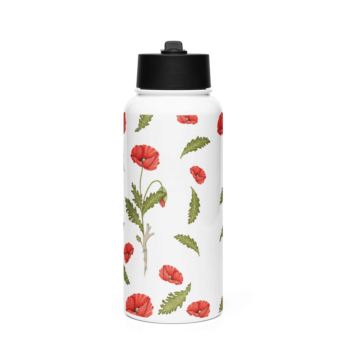 Personalized 32oz water bottle featuring bold red poppy design, perfect gift for any occasion.