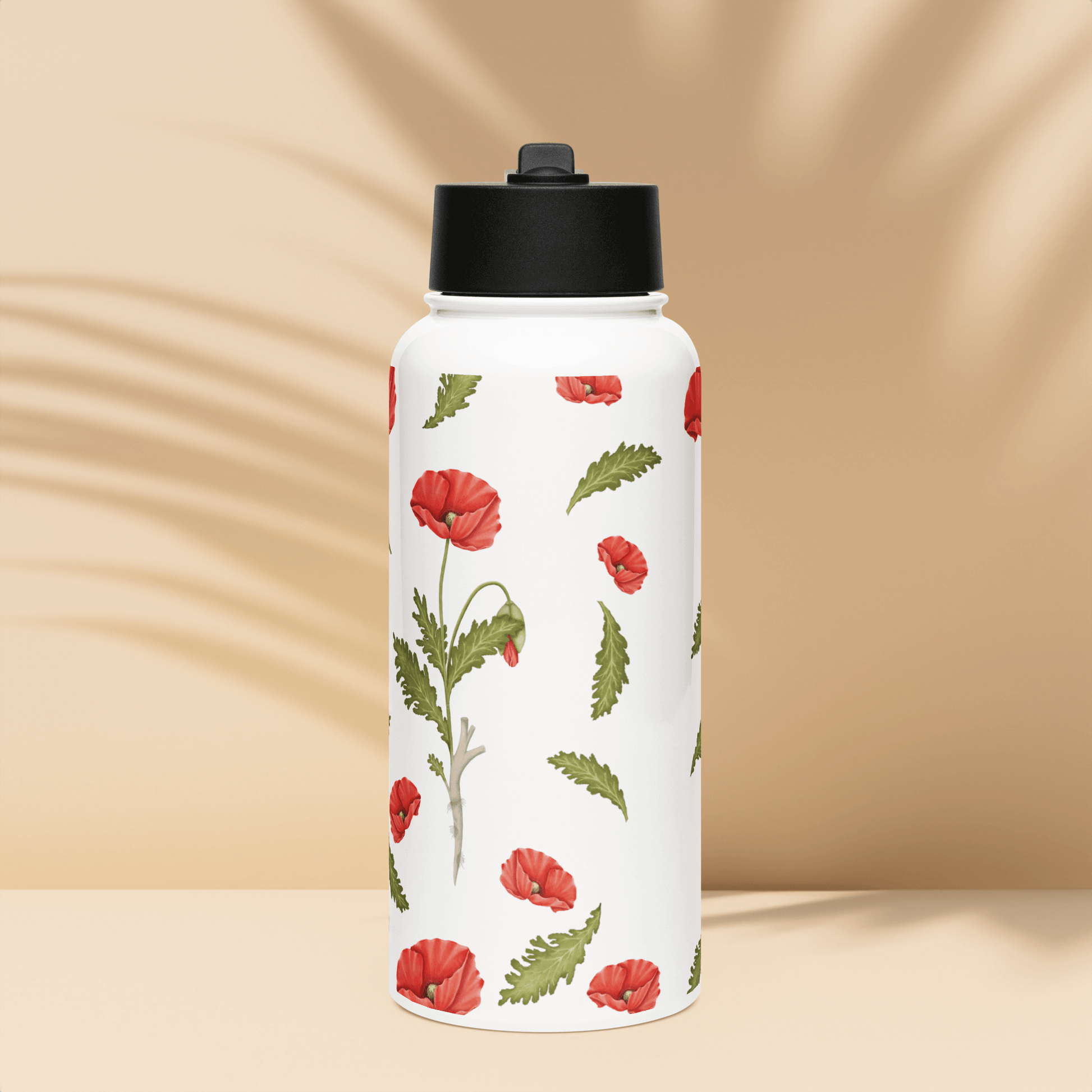 Bold Poppy design water bottle featuring vibrant red blooms and green leaves, perfect for gifts and trendy hydration.