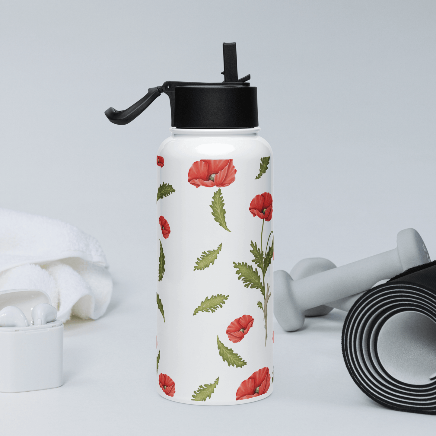 Bold poppy design water bottle with vibrant floral pattern, perfect for gifts and trendy hydration at the gym.