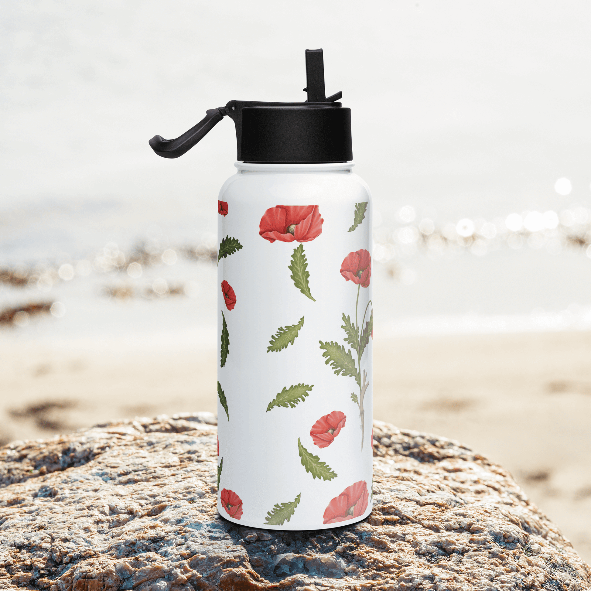 Personalized 32oz water bottle with bold poppy design, perfect gift for her, him, or any occasion. Ideal for hydration on the go.