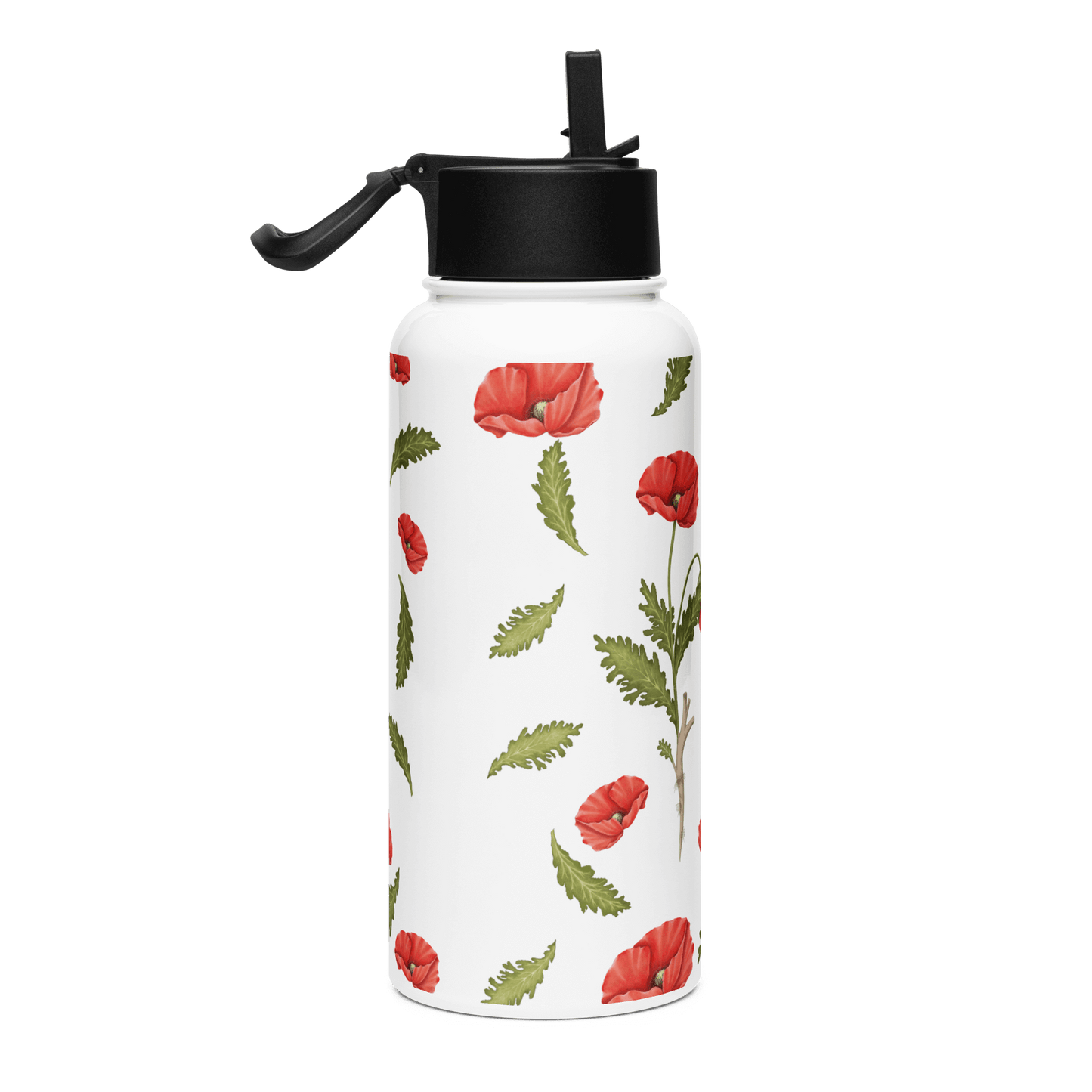 Bold poppy design 32oz water bottle featuring vibrant blooms, perfect gift for any occasion or trendy drinkware accessory.