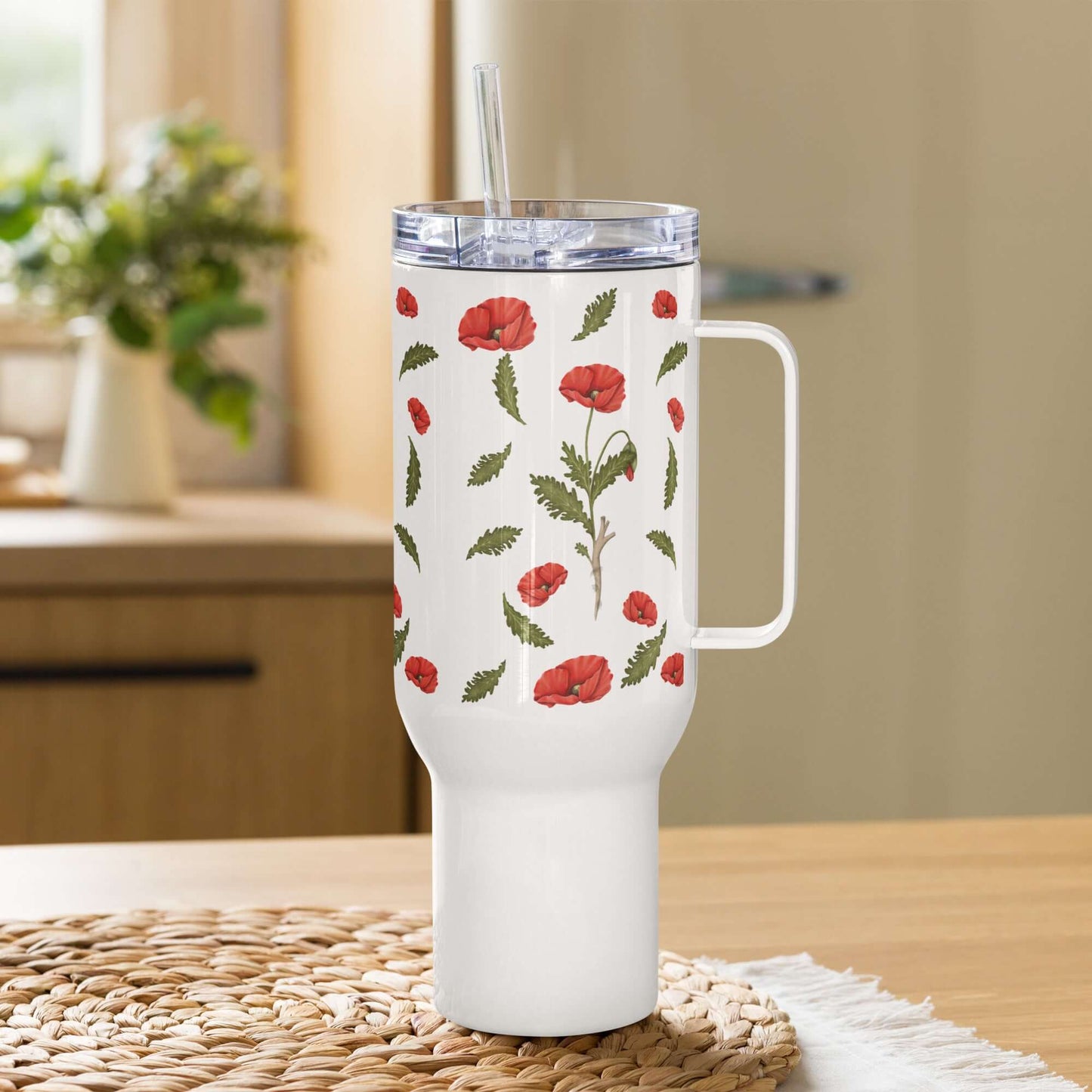 Poppy Design Insulated Tumbler with Handle, 25oz and 40oz, perfect for hot and cold drinks, ideal for travel and daily use.