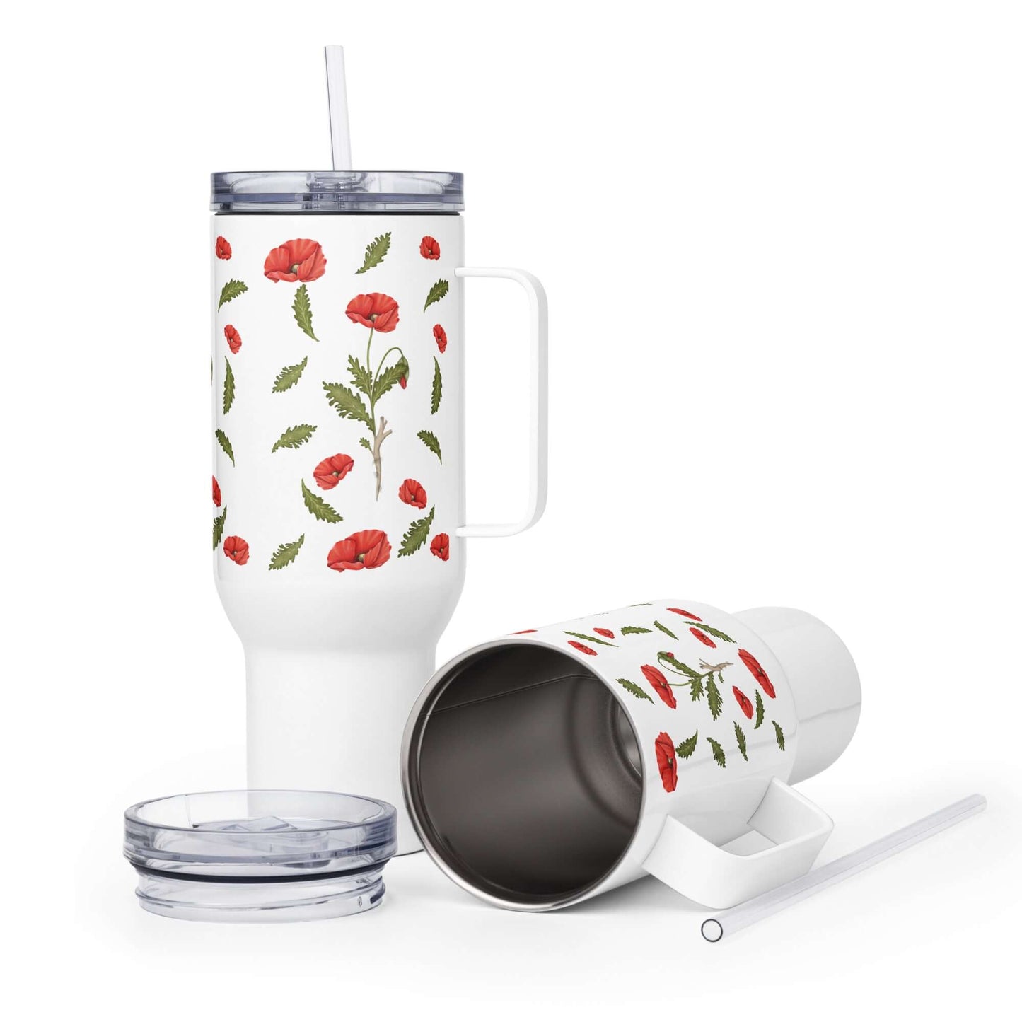 Poppy Design 25oz and 40oz insulated tumblers with handles and straw, perfect for hot or cold beverages.