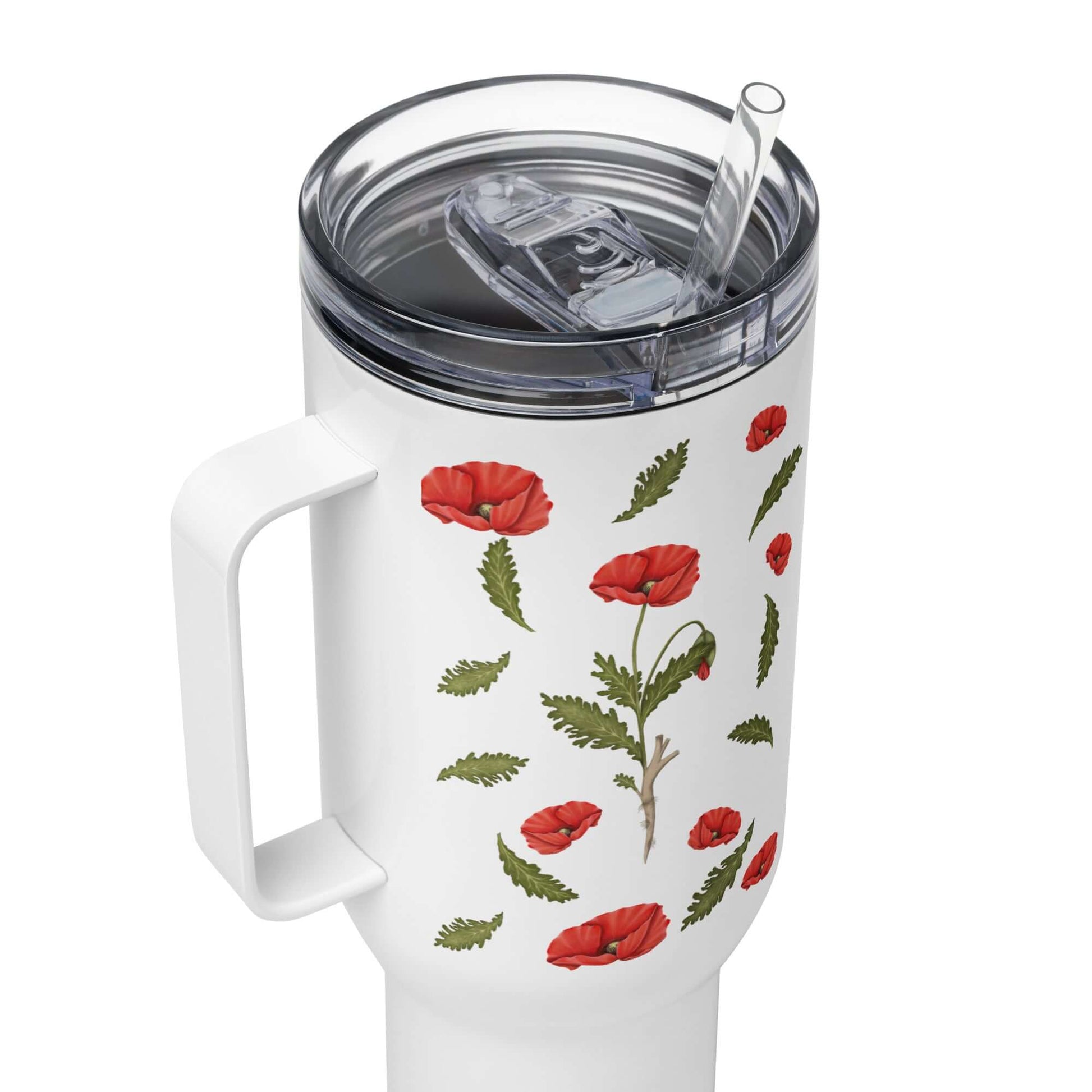 Poppy Design Insulated Tumbler with Handle, 25oz or 40oz, featuring vibrant poppy flowers and a straw, perfect for hot or cold drinks.