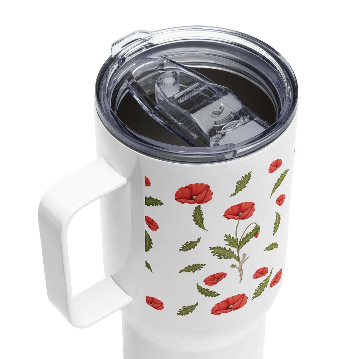 Poppy Design Tumbler with handle, double wall insulation, perfect for hot and cold beverages, featuring a lid and straw.