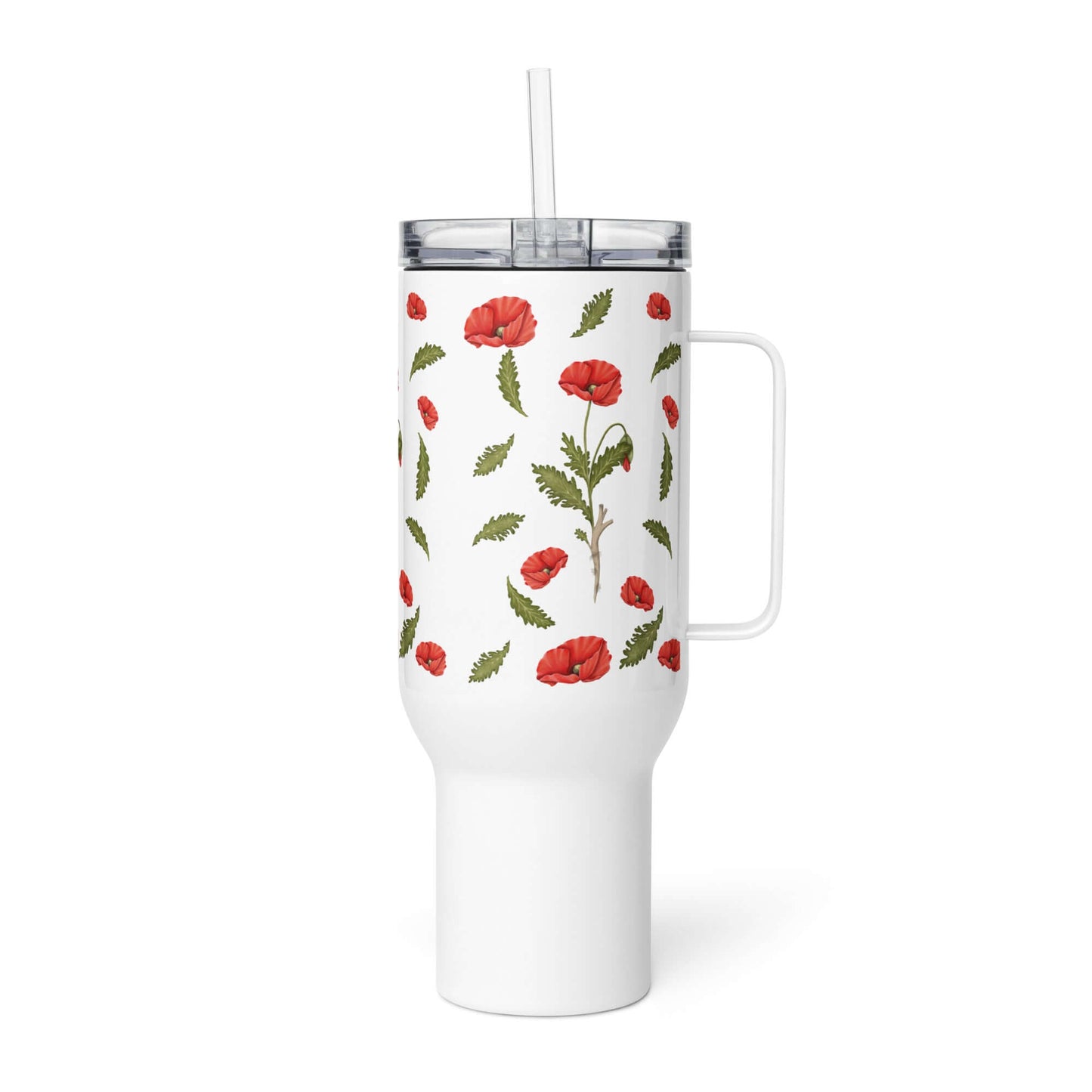 Poppy Design 25oz insulated tumbler with handle and straw, perfect for travel, water, or coffee.