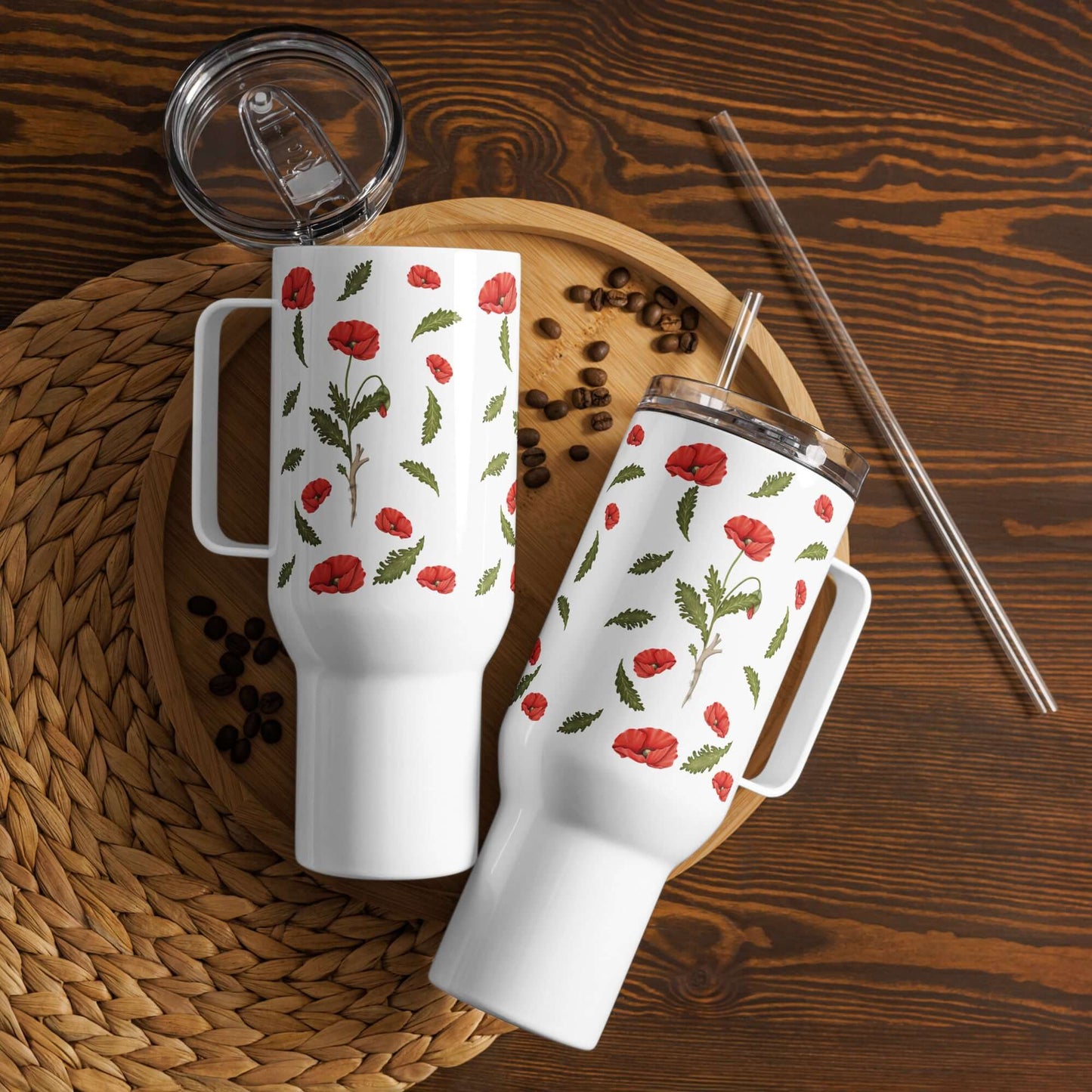 Poppy Design Insulated Tumblers with Handles and Straws on a Wooden Tray, Perfect for Hot and Cold Beverages.