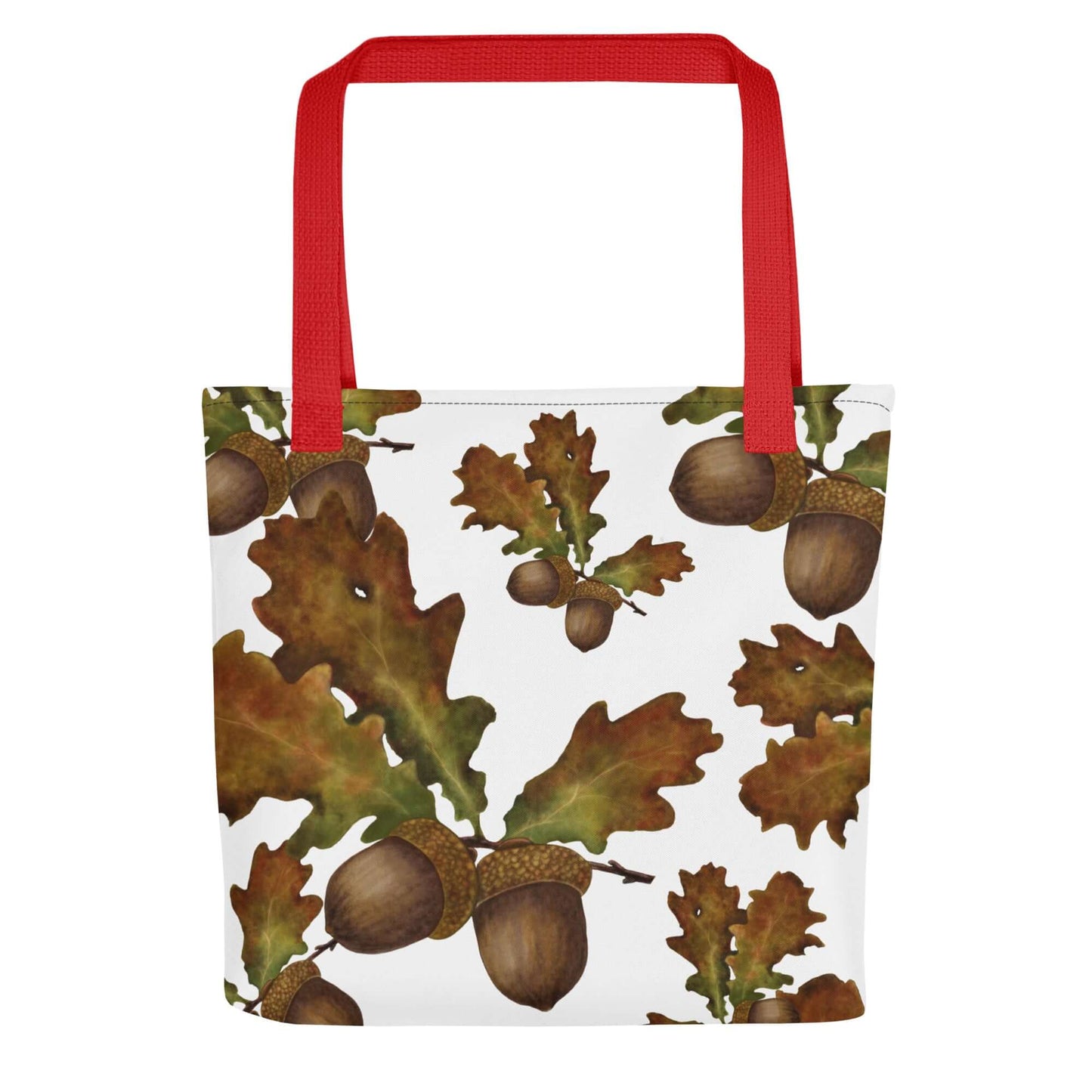 Red-handled canvas tote bag featuring an oak leaf and acorn pattern, perfect for gifts and natural decor.