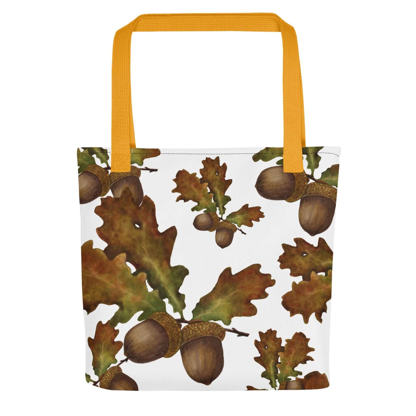 Mighty Oak Woodland Canvas Tote featuring acorns and leaves, perfect for gifts and sustainable style.