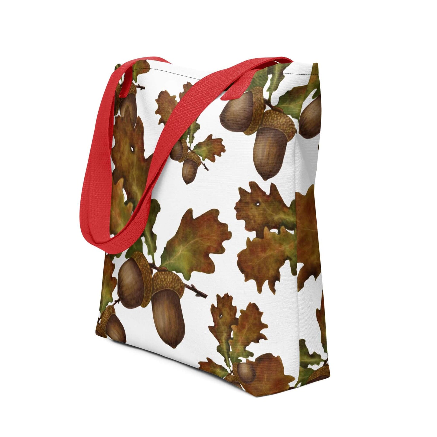 Mighty Oak Woodland Canvas Tote with red straps featuring oak leaves and acorns, ideal for gifts and everyday use.