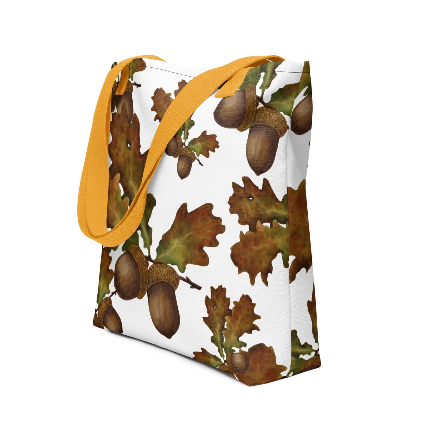 Mighty Oak Woodland Canvas Tote with acorn and leaf design, featuring a vibrant yellow shoulder strap. Ideal for gifts and stylish storage.