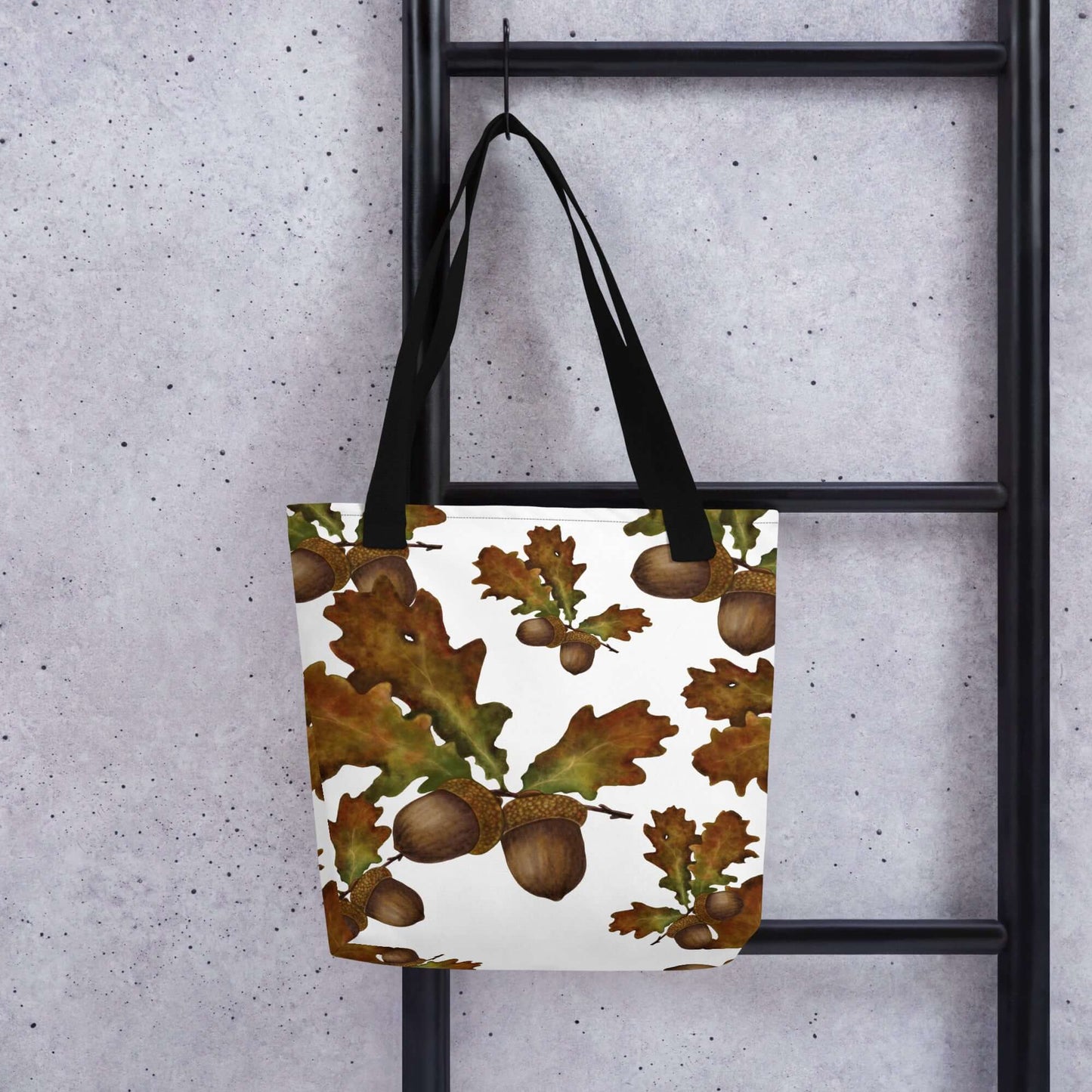 Mighty Oak Woodland Canvas Tote with oak leaves and acorns design, perfect as a gift for her or home decor accessory.