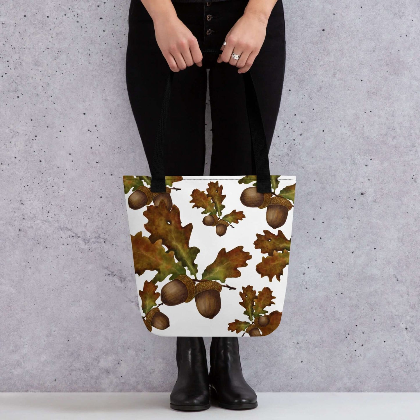 Mighty Oak Woodland canvas tote bag featuring oak leaves and acorns, perfect for gifts, home decor, and eco-friendly style.