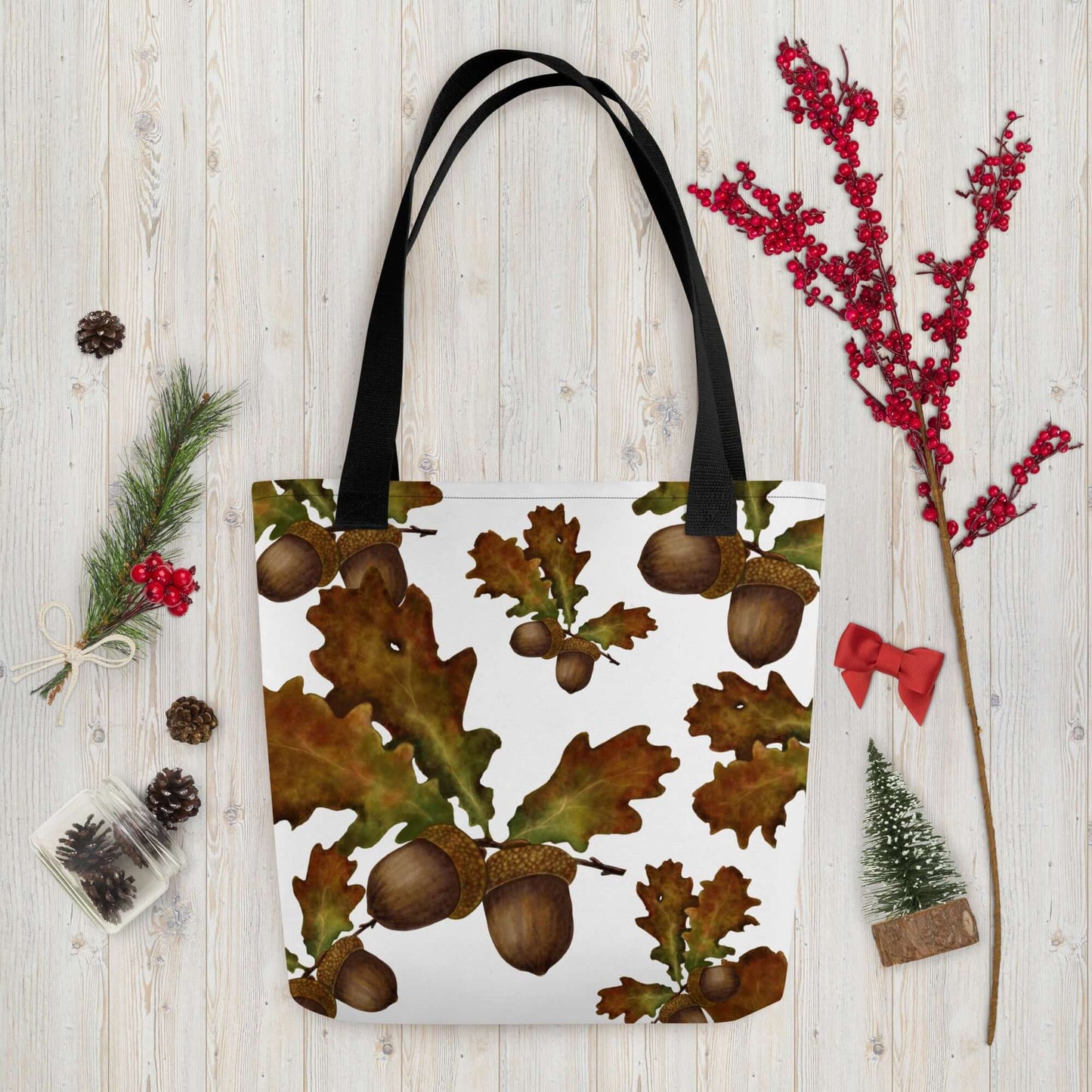 Mighty Oak Woodland Canvas Tote featuring acorn and oak leaf design, perfect for gifts, beach trips, and home decor.