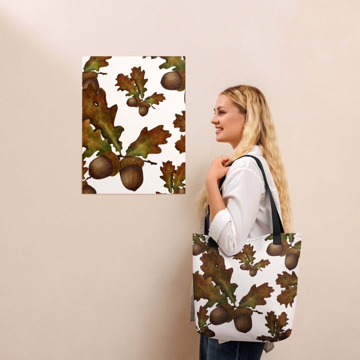 Woman showcasing the Mighty Oak Woodland Canvas Tote with oak leaf design, perfect for gifts and eco-friendly style.