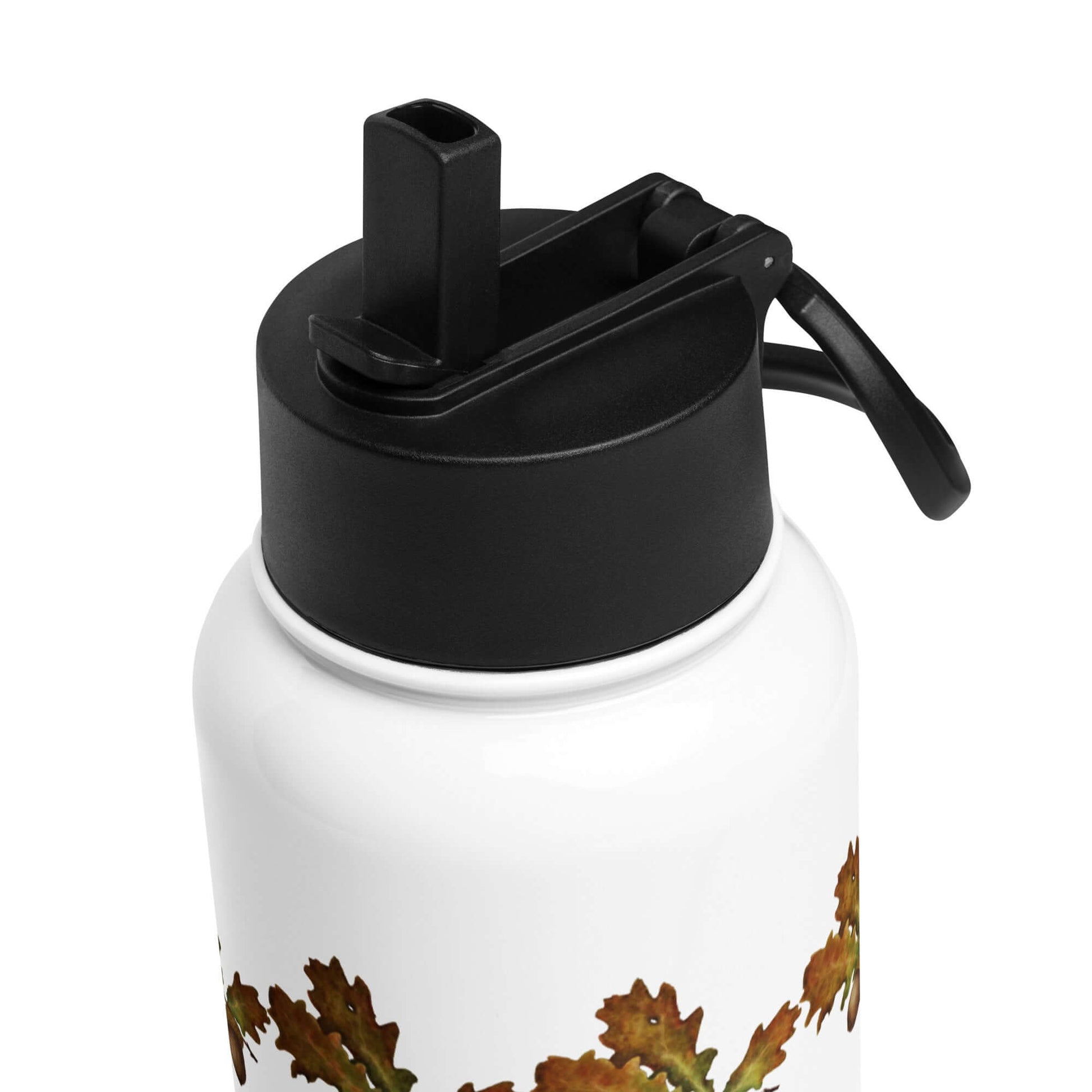 Top view of Oak Woodland insulated tumbler with black straw lid and intricate Quercus leaf design. Perfect gift for nature lovers.