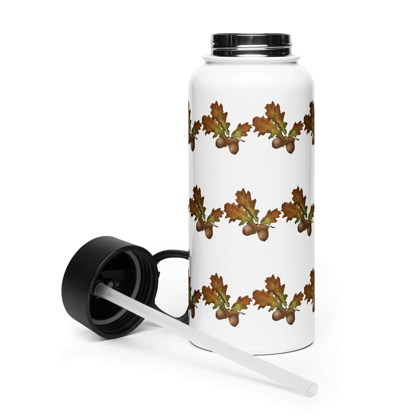 Oak Woodland insulated tumbler with Quercus leaf design, includes straw lid, perfect for gifts and outdoor activities.