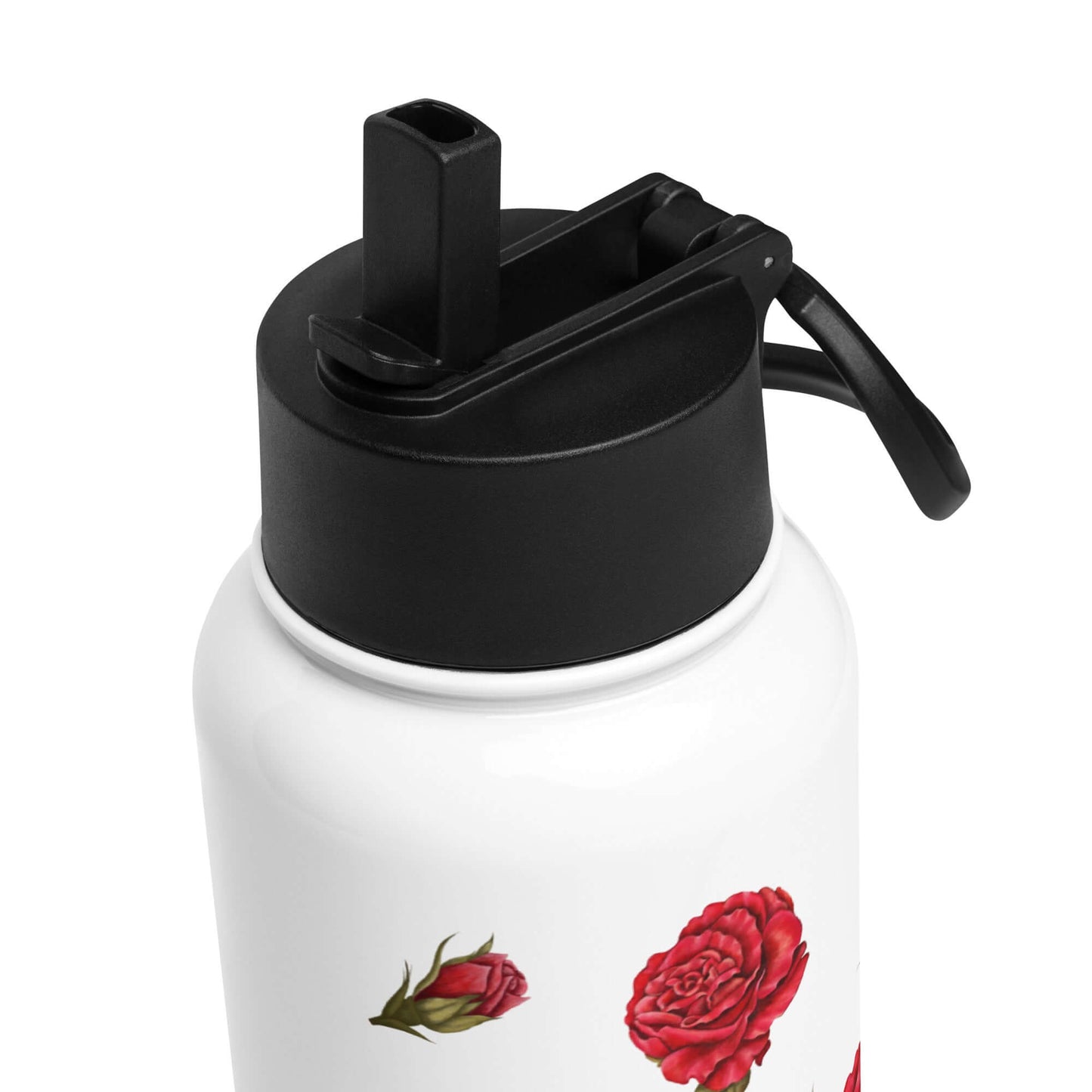 A close-up shot of a rose water bottle's corner highlights the precision crafting and the way the romantic red rose design seamlessly integrates with the metallic surface.