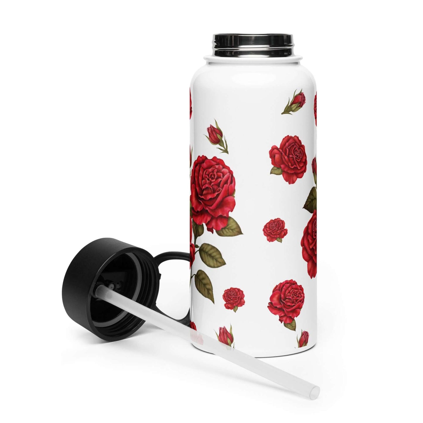 A stainless steel rose water bottle with its straw lid open reveals an intricate romantic red rose print that extends around the bottle's surface. 