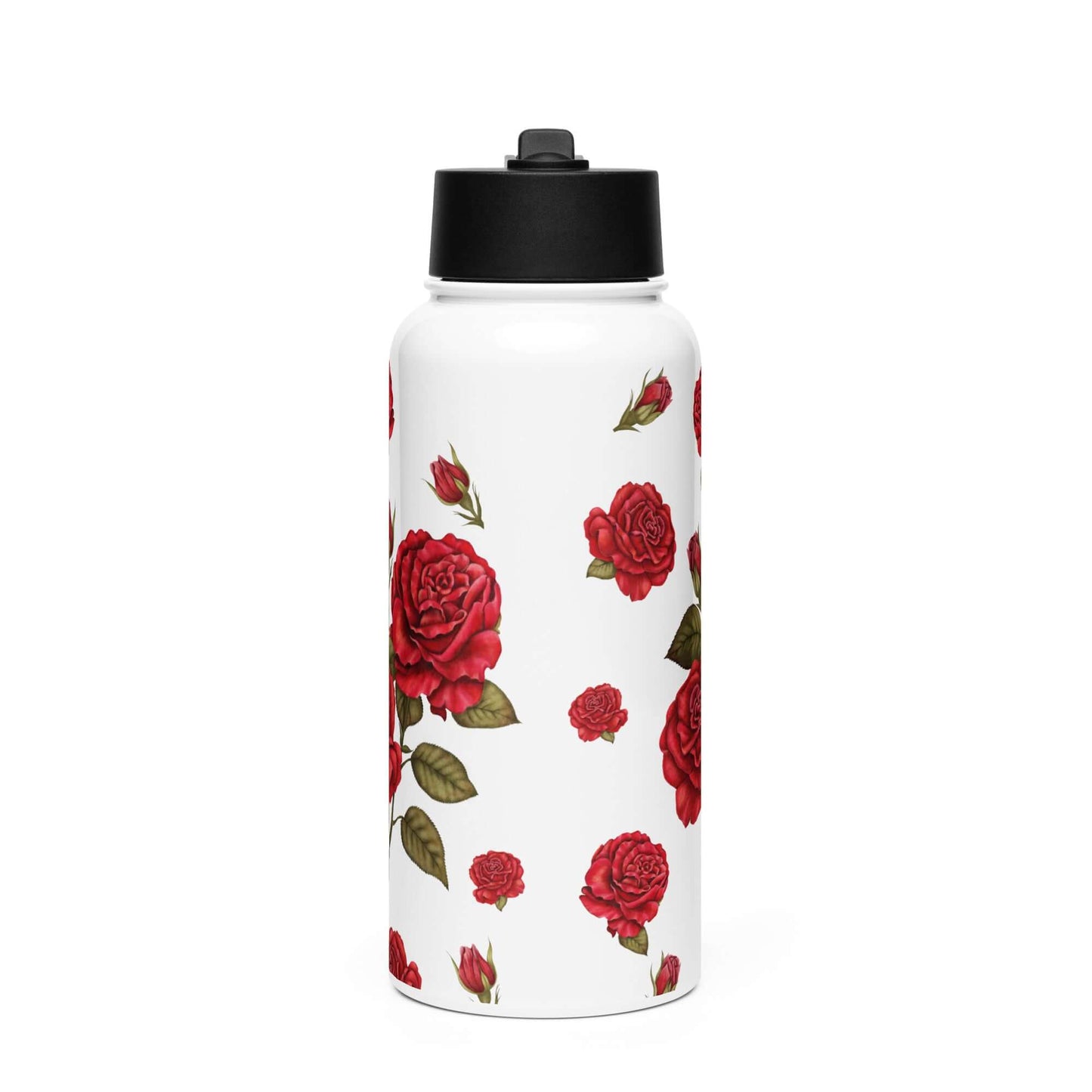 A beautiful front view of a rose water bottle against a bright background allows the romantic red rose details to shine. 