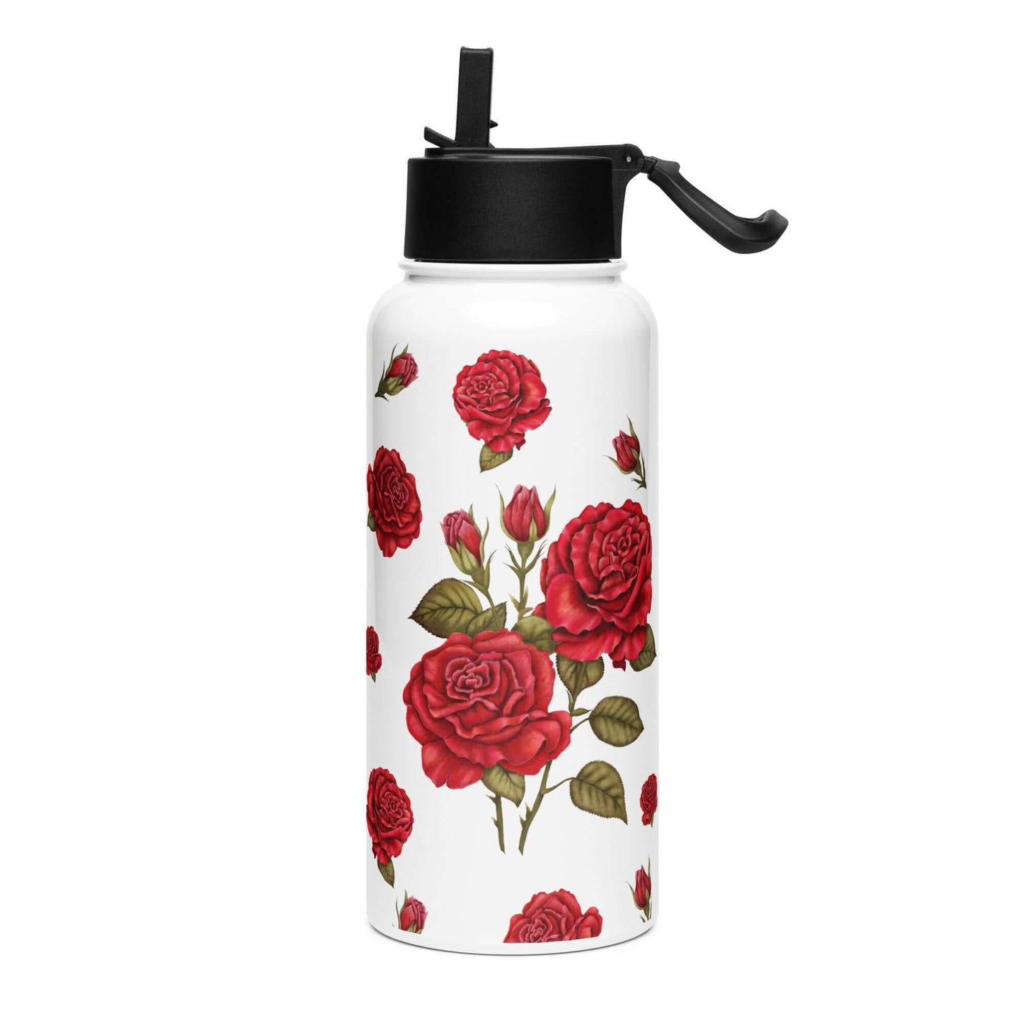 An elegant rose water bottle is showcased on a bright white backdrop, the romantic red floral design softly illuminated, creating a shiny effect.