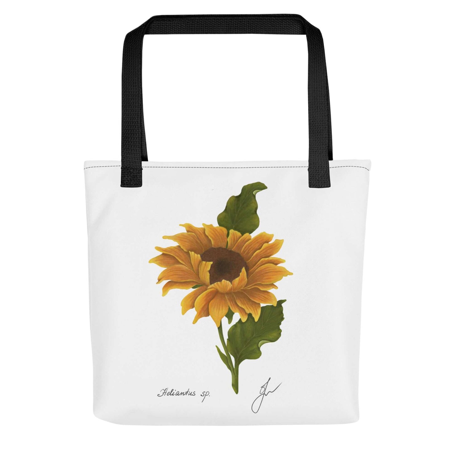 Large sunflower botanical tote bag with black straps, perfect gift for nature lovers and everyday use.