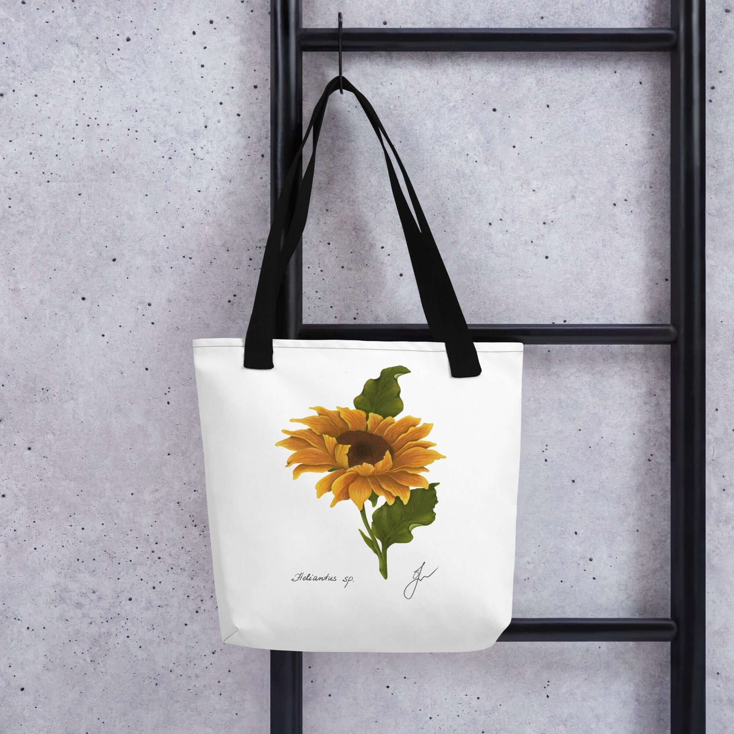 Large sunflower botanical tote bag hanging on a ladder, perfect gift for book lovers and everyday use.