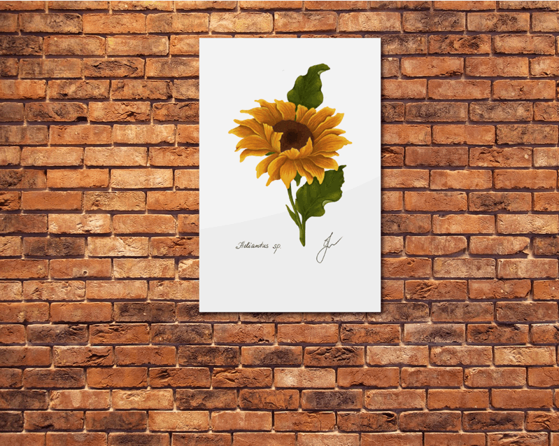 Sunflower Metal poster on red brick wall