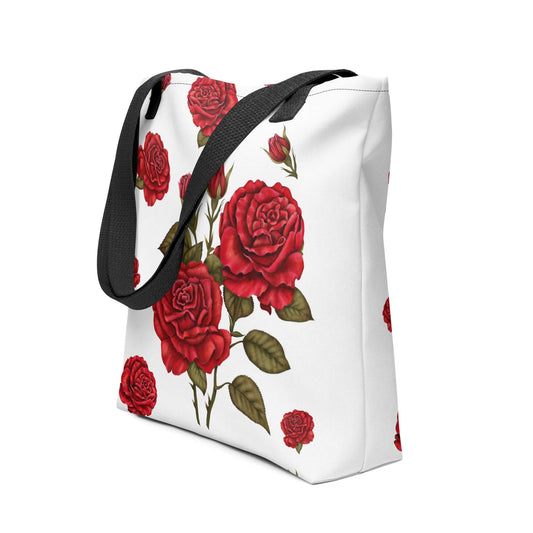 Red Roses Tote Bag with black strap, perfect romantic gift for San Valentine celebrations.