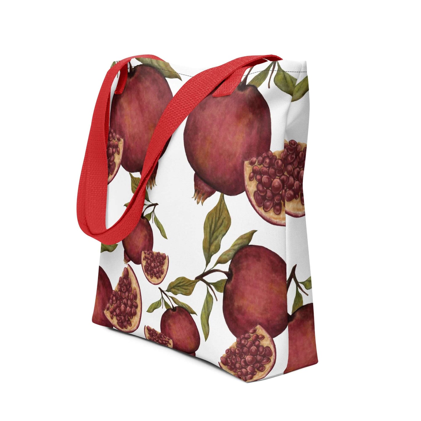 Luxurious pomegranate tote bag with red straps, perfect for gifts, home decor, and daily adventures.