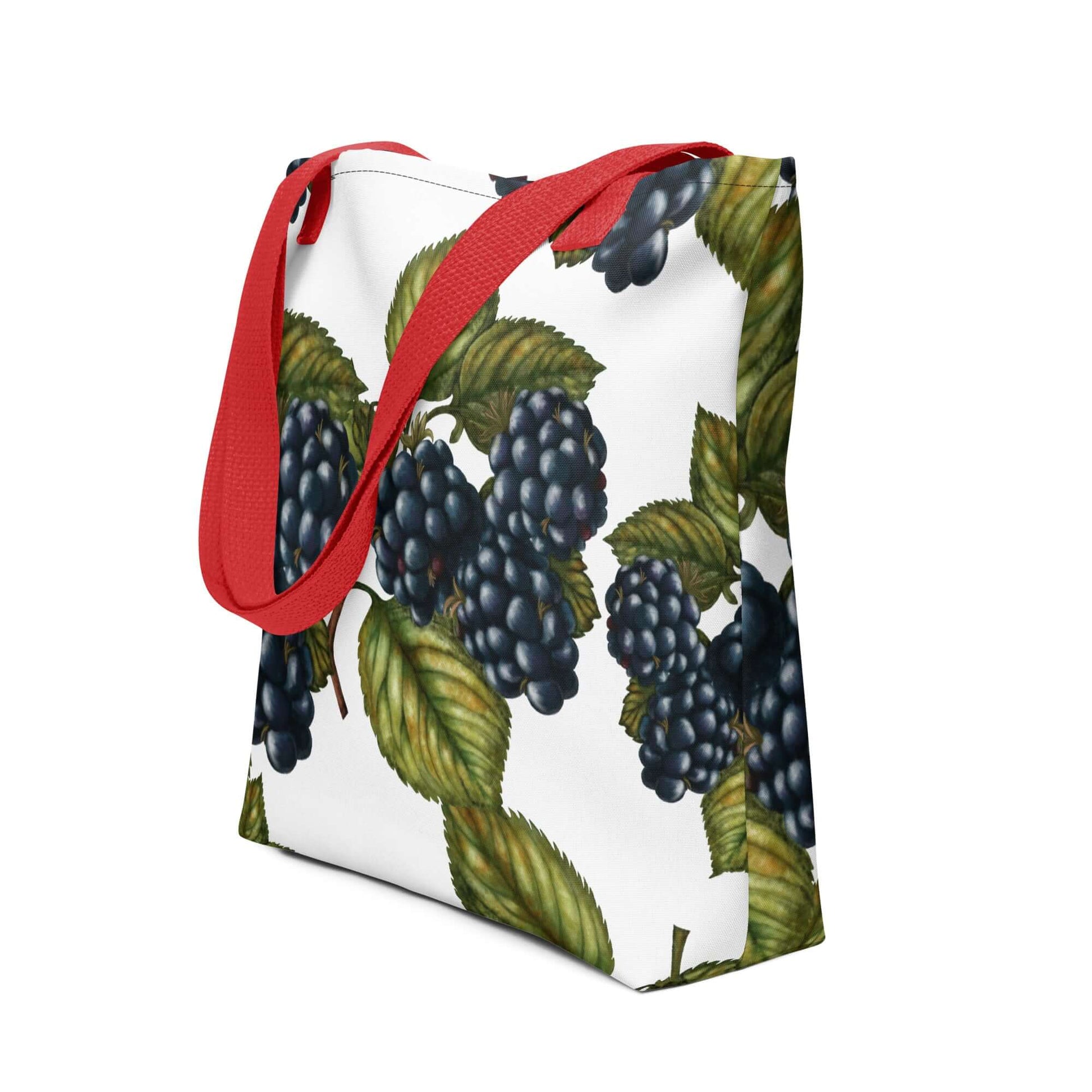 Wild Harvest Blackberry Canvas Tote with red straps and botanical blackberry pattern on a white background.