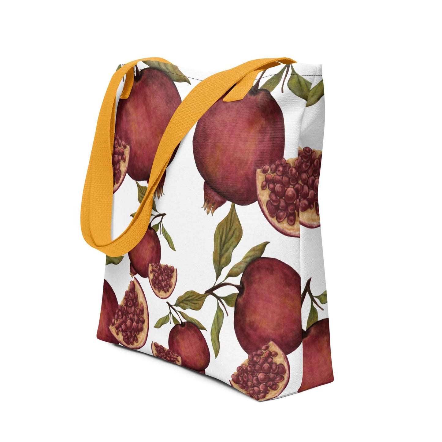 Luxurious pomegranate tote bag with yellow straps, perfect for gifts, home decor, and daily adventures.