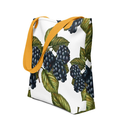 Wild Harvest Blackberry Canvas Tote bag featuring vibrant blackberry patterns and a bright yellow strap, perfect for eco-conscious gifts.