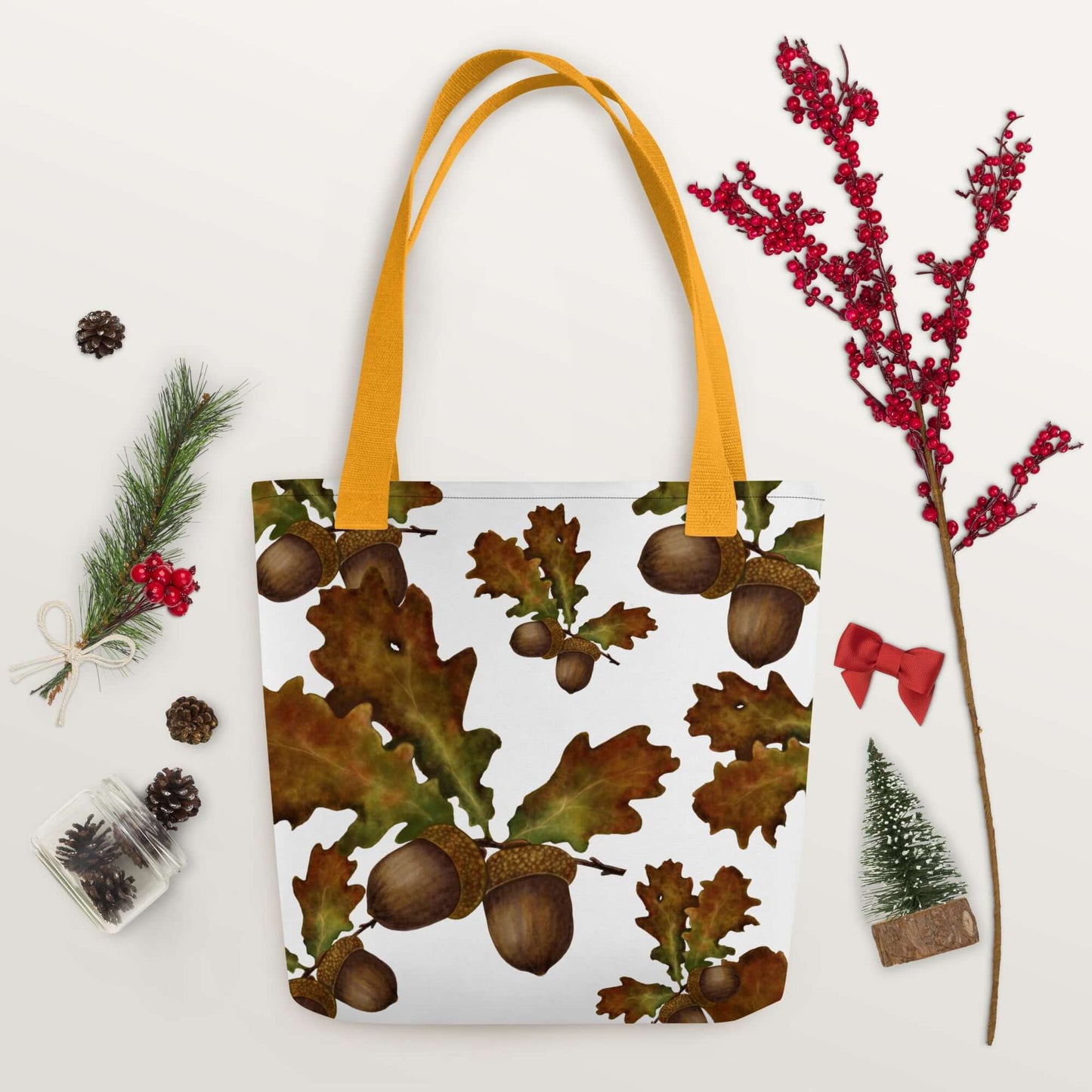 "Mighty Oak Woodland Canvas Tote featuring oak leaves and acorns, perfect for gifts, home decor, and sustainable style."