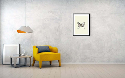 apollo black framed fine art print hanging on a wall in a room next to stylish yellow sofa and a lamp