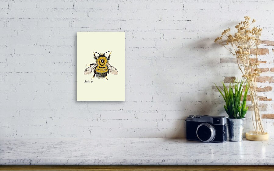 bumblebee canvas print on white wall. on a table a camera and a plant. 