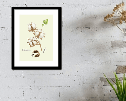 cotton drawing on a black framed print on white wall