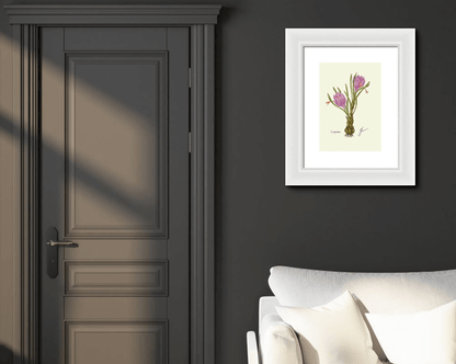 crocus white framed print on dark wall