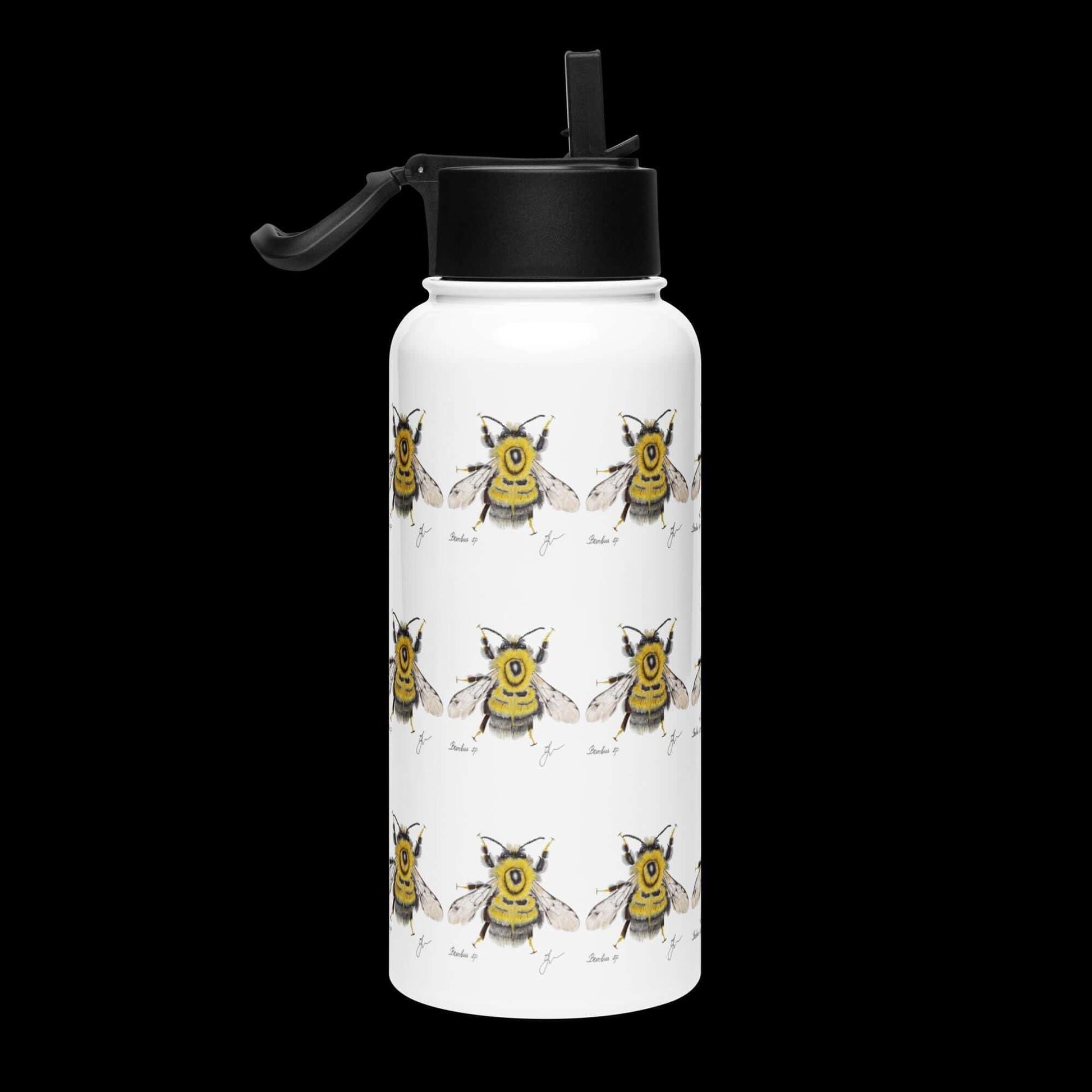 Side view with dark background: Bold and striking Bumblebee water bottle, standing out against a dark background.