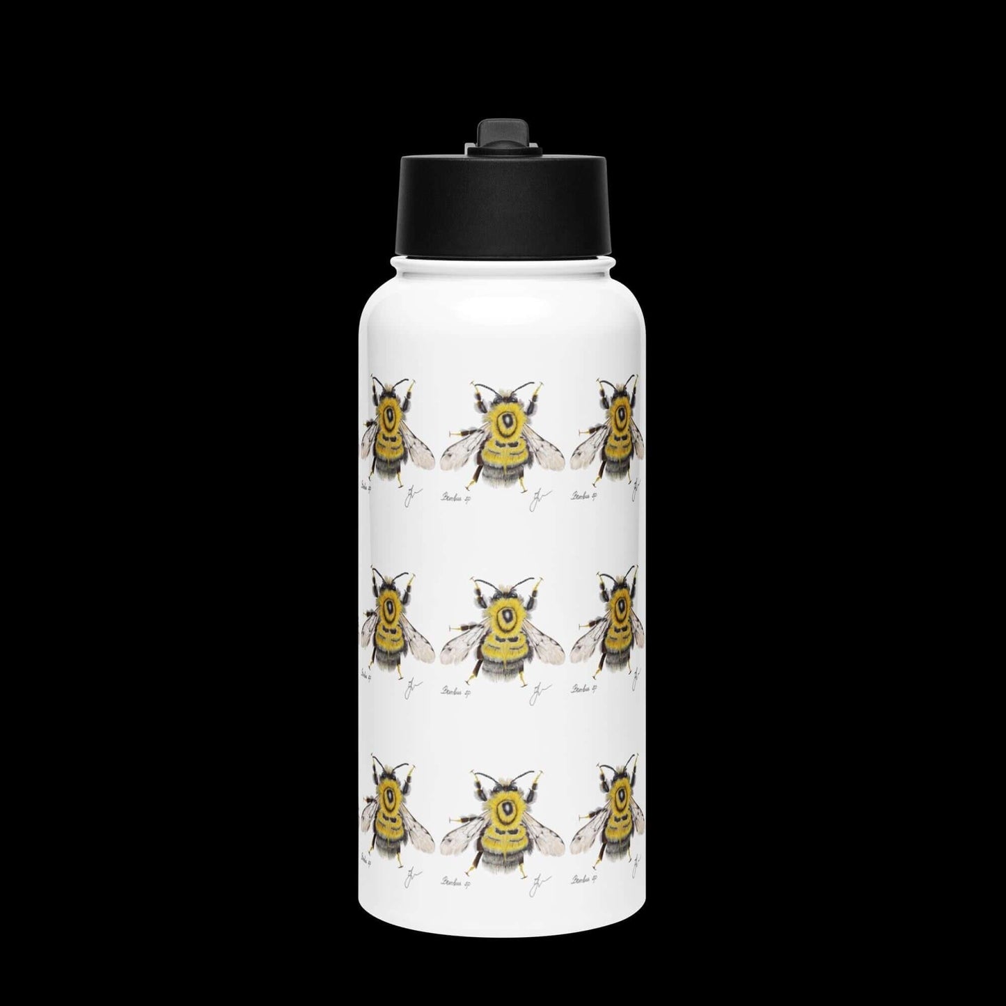 Front view with dark background: Bold and eye-catching Bumblebee water bottle, highlighted against a dark backdrop.