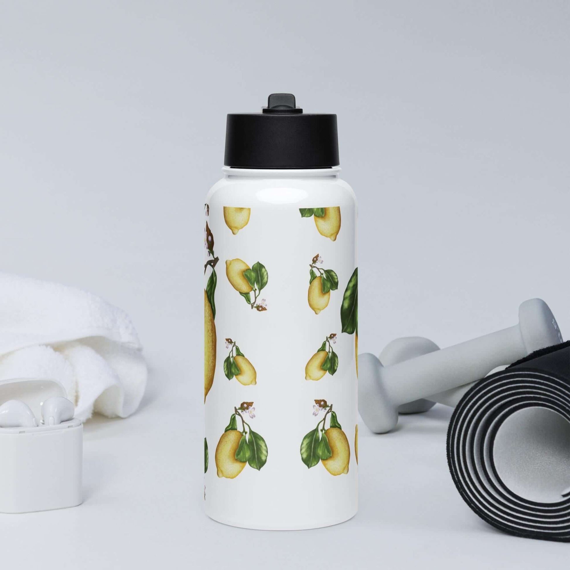 Front view in the gym: Hydrating lemon water bottle, keeping you refreshed during your workout.