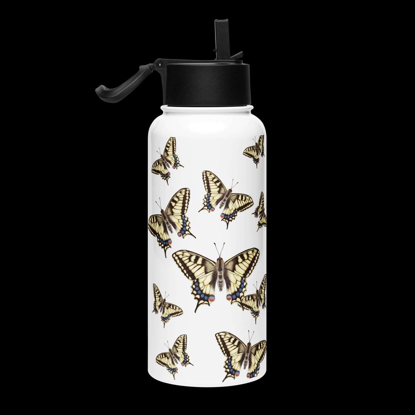 Side view with dark background: Modern design of the Machaon water bottle, standing out against a dark background.