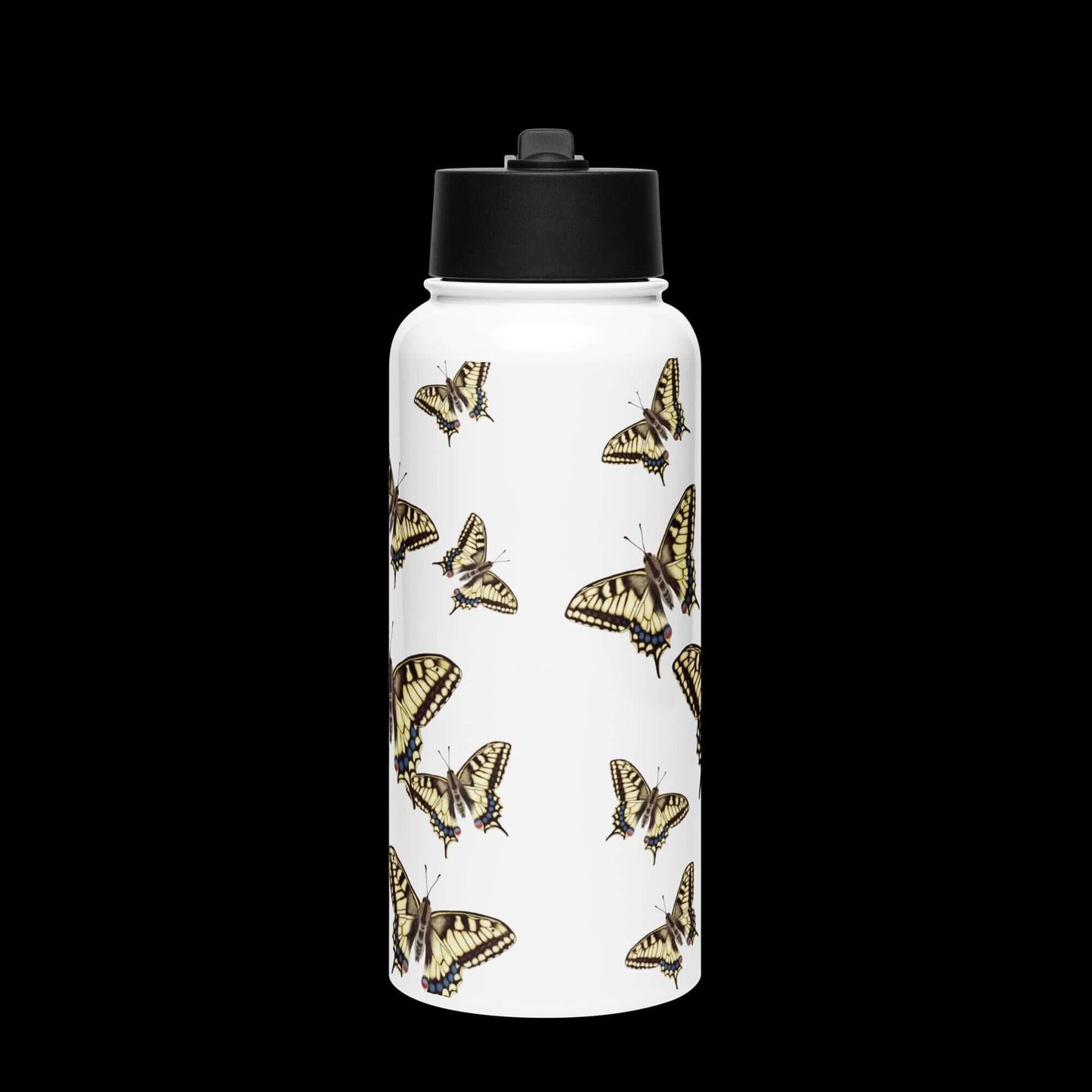 Front view with dark background: Sophisticated Machaon water bottle, highlighted against a dark backdrop.