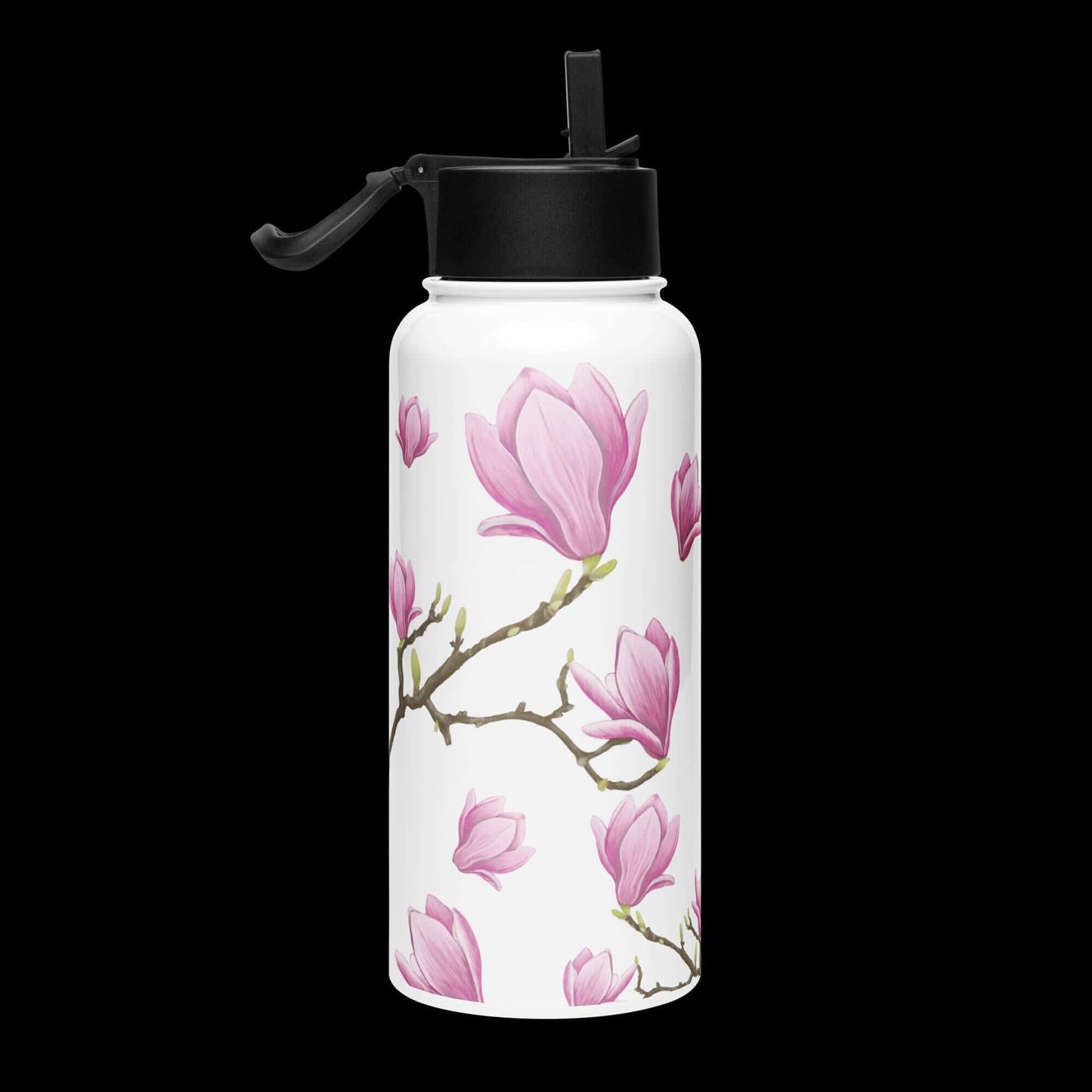 Side view with dark background: Modern design of the magnolia water bottle, standing out against a dark background.